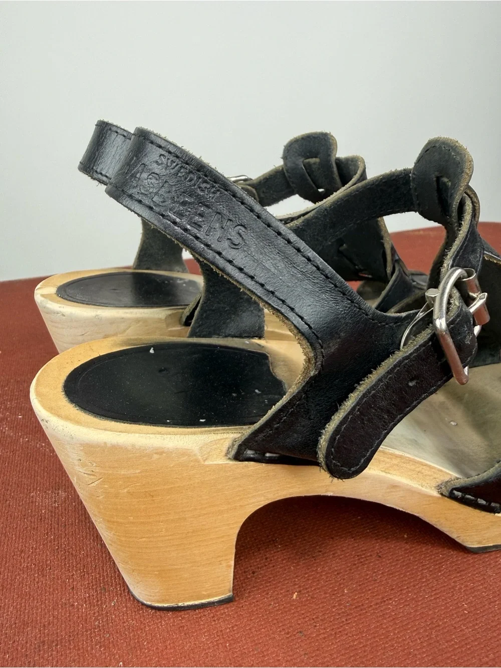 Swedish Hasbeens Black Woven Leather Platform Sandals Size 39